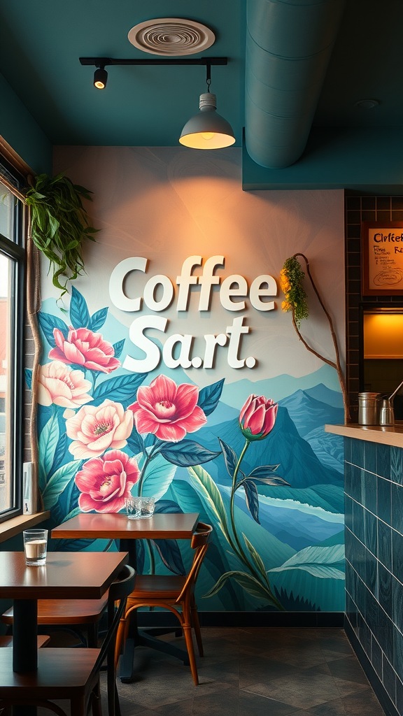 Bright floral mural in a coffee shop with wooden tables and chairs.