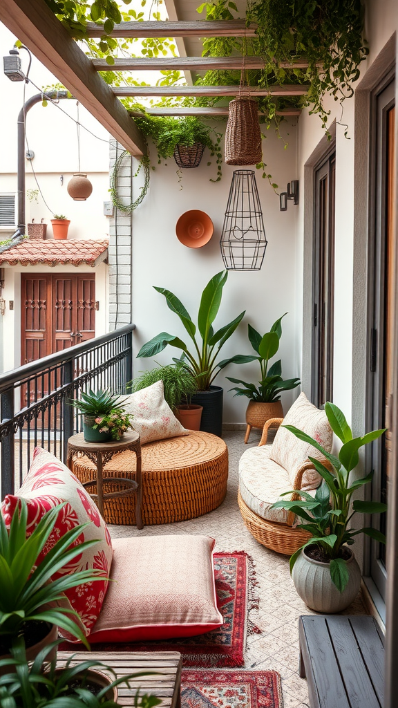 Cozy balcony with plants and wicker furniture, decorated in a Bohemian style