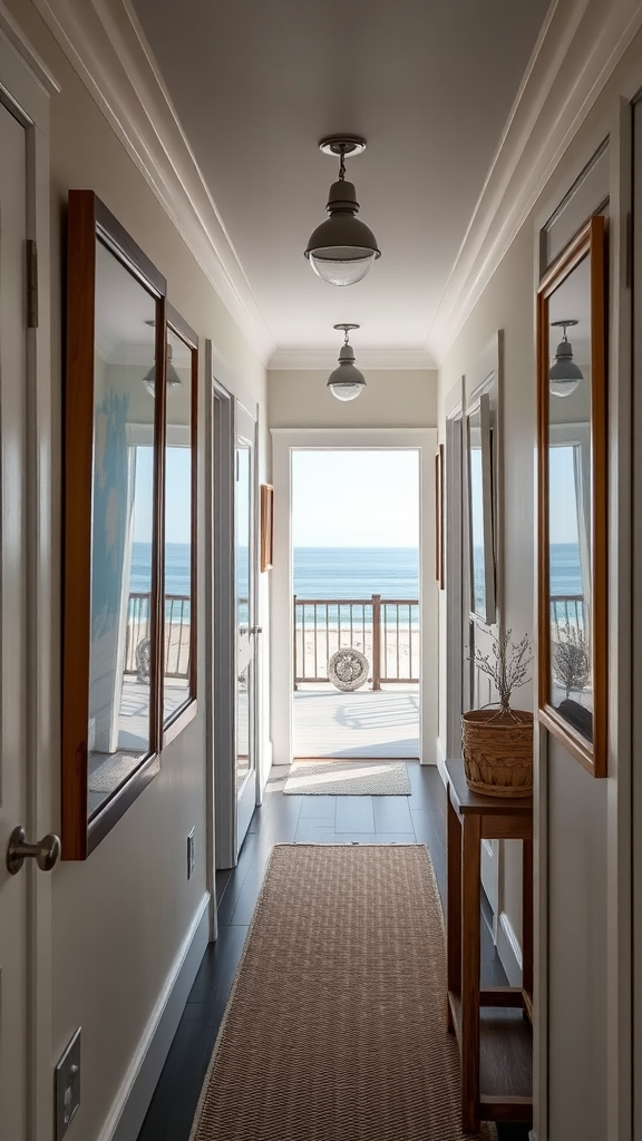 A hallway leading to a beach view, with mirrors and a wooden table.