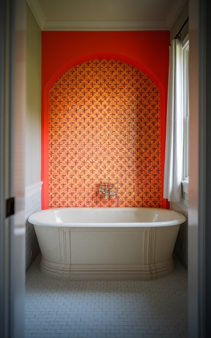 A small bathroom with a vibrant orange accent wall and a classic bathtub