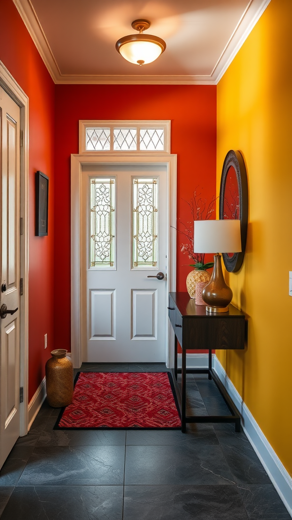 A vibrant entryway with red and yellow accent walls, showcasing a stylish mirror and modern decor.