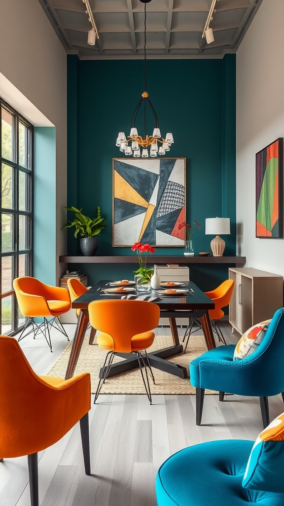 A modern living room with bold orange and teal chairs, a black table, and vibrant artwork on the walls.