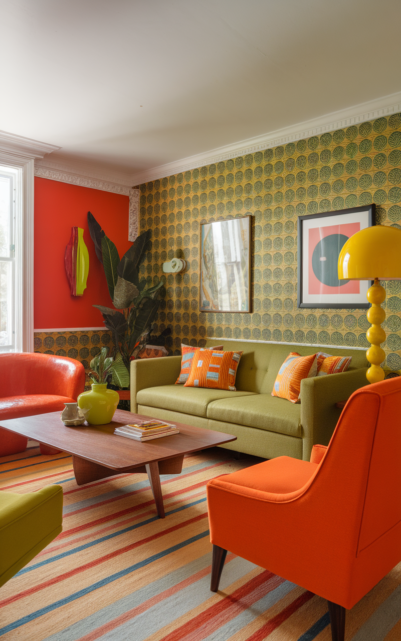 A colorful retro living room featuring orange and green furniture, bold wallpaper, and plants.