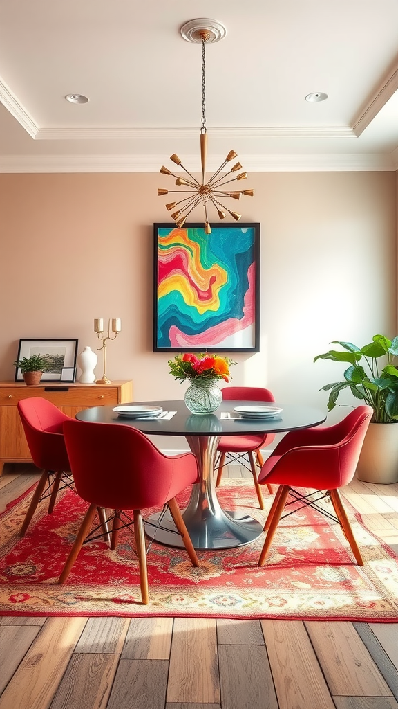 A modern dining room featuring a round table, red upholstered chairs, and colorful wall art.