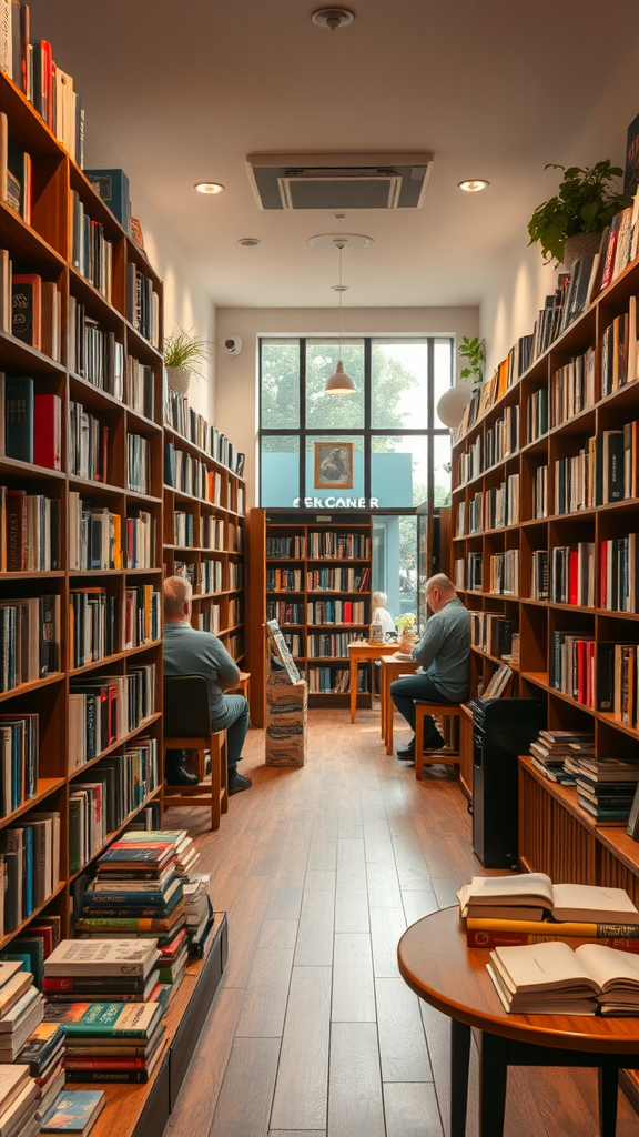 A cozy small coffee shop interior with bookshelves and customers reading.