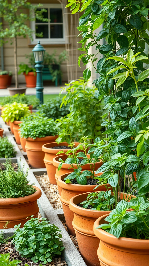 A beautiful arrangement of potted herbs in a garden setting.