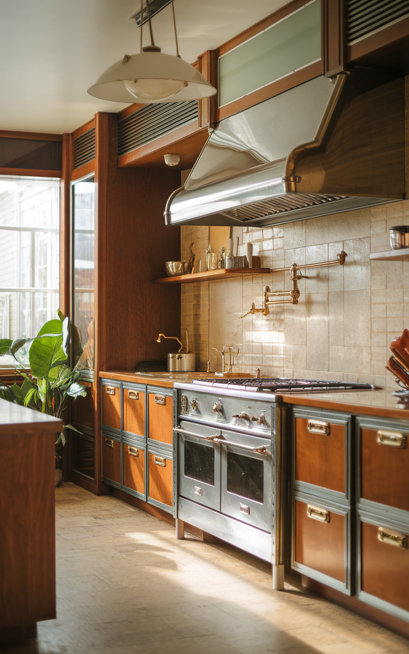 A kitchen showcasing brass and chrome details with wooden cabinetry and a vintage stove.