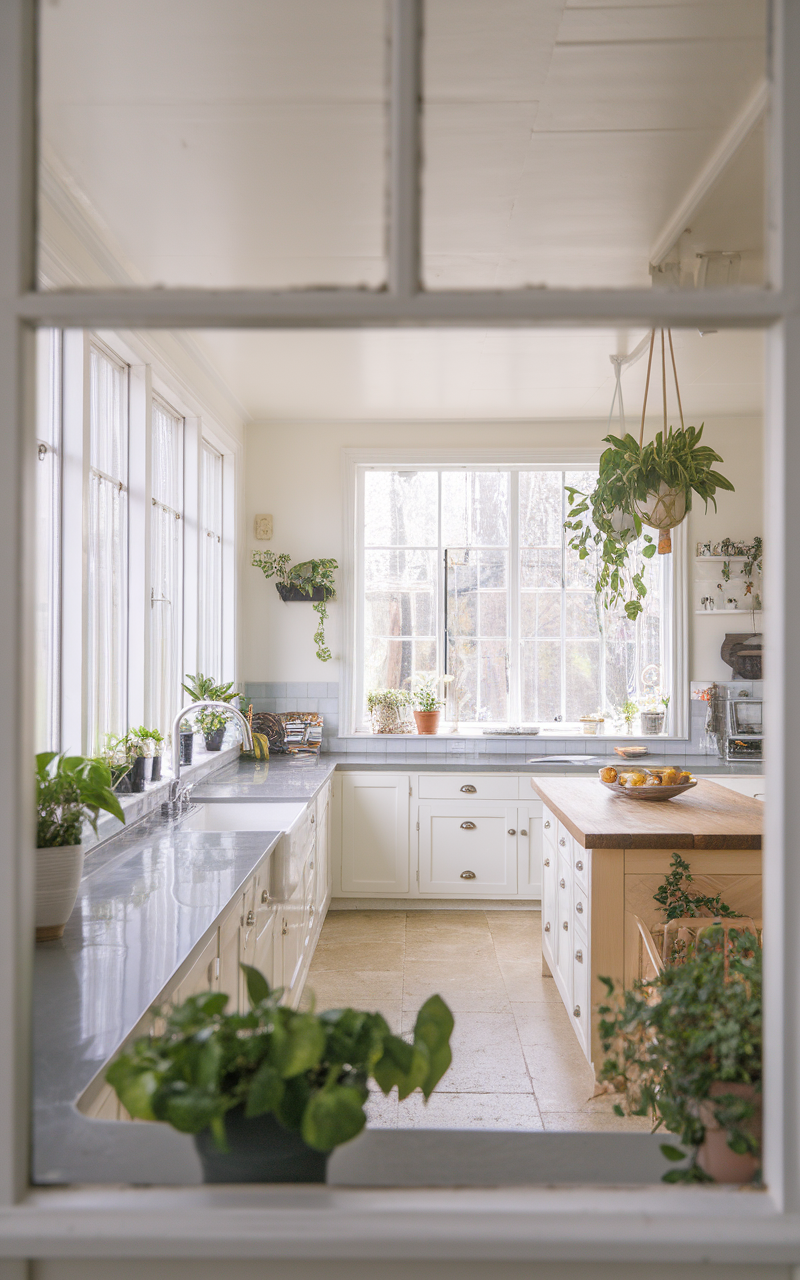 A bright kitchen with large windows, featuring green plants and elegant cabinets.