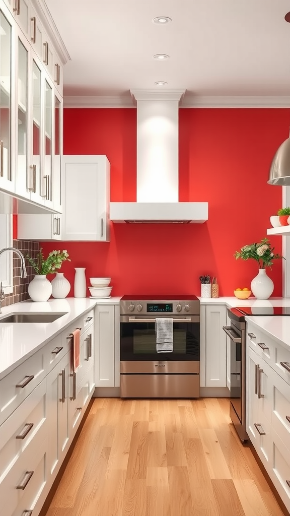 Kitchen with bright coral accent wall and white cabinetry