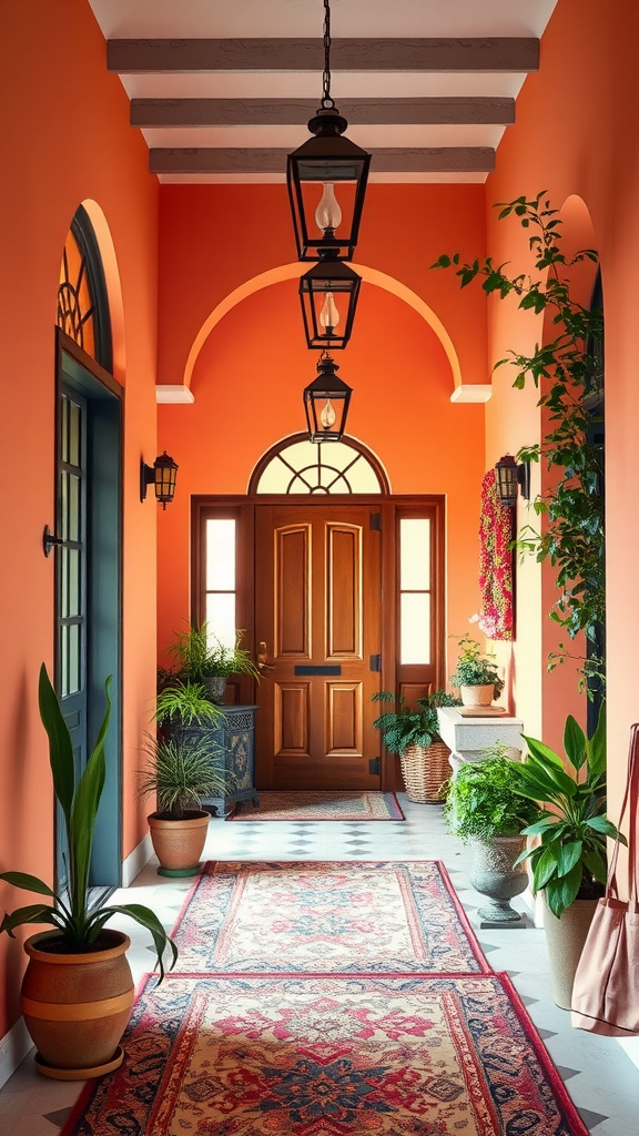 Bright peach walls with potted plants and decorative lanterns in a hallway