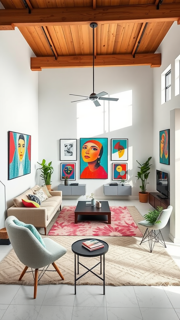 Bright living room with white walls, colorful paintings, and modern furniture.