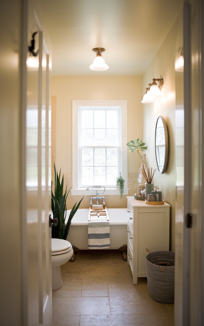 Brightly lit small bathroom featuring a tub, plants, and a window