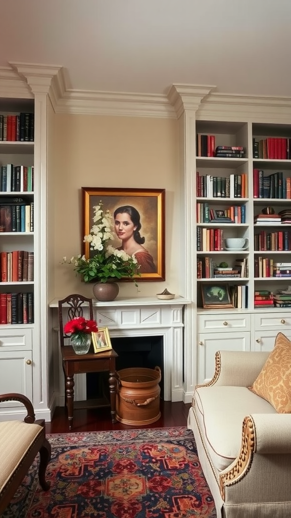 Cozy living room with built-in bookcases filled with books, a portrait, and traditional furnishings.