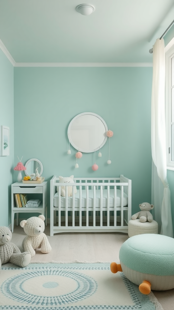 A serene nursery featuring seafoam green walls, a white crib, and soft, cozy decor.