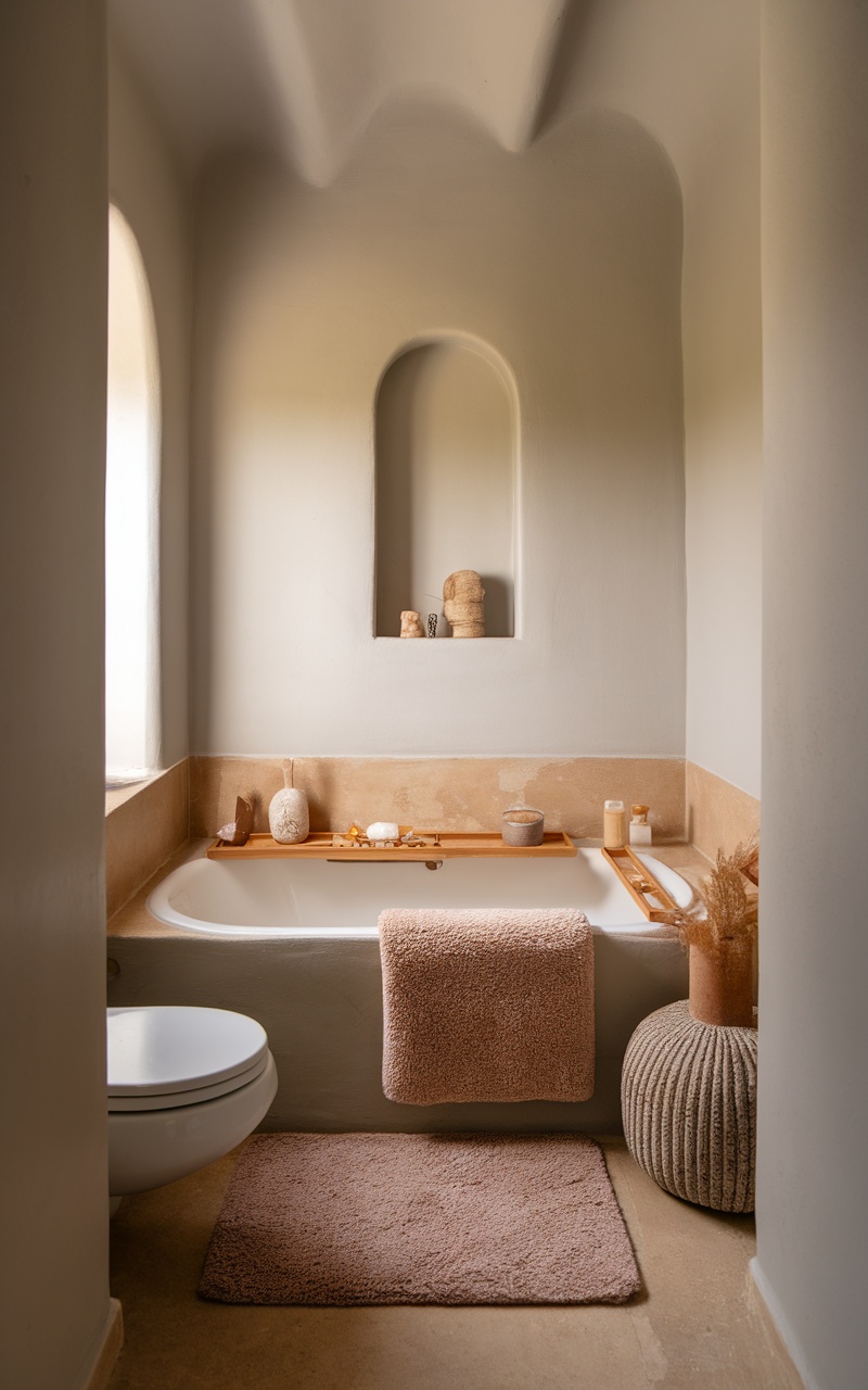 A small, serene bathroom featuring a neutral color palette with a bathtub, decorative items, and soft textures.