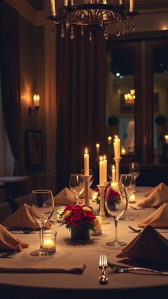 A beautifully set dining table with candles and floral arrangements in a warm, intimate setting.