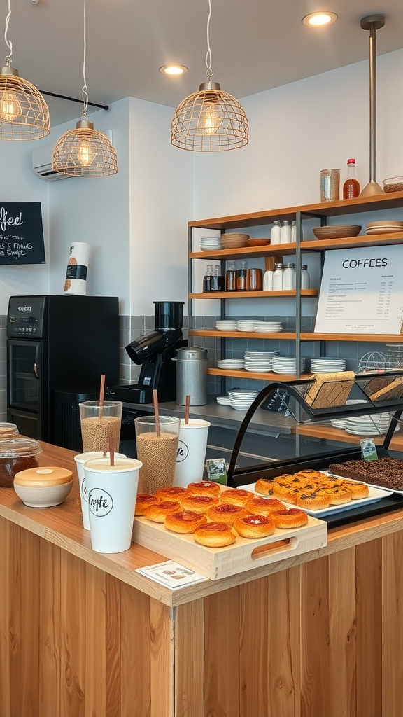 A cozy coffee shop counter display with drinks and pastries.