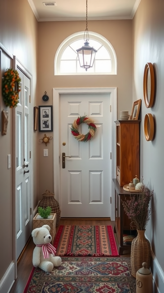 Charming entryway with a wreath, framed pictures, and decorative elements.