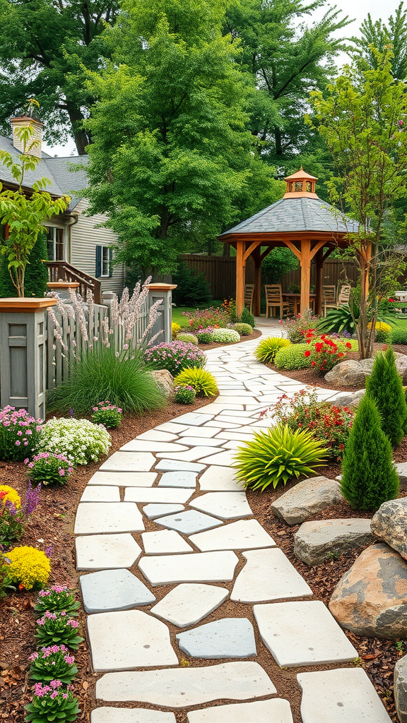 A beautiful garden pathway made of stone leading through vibrant flowers and greenery.