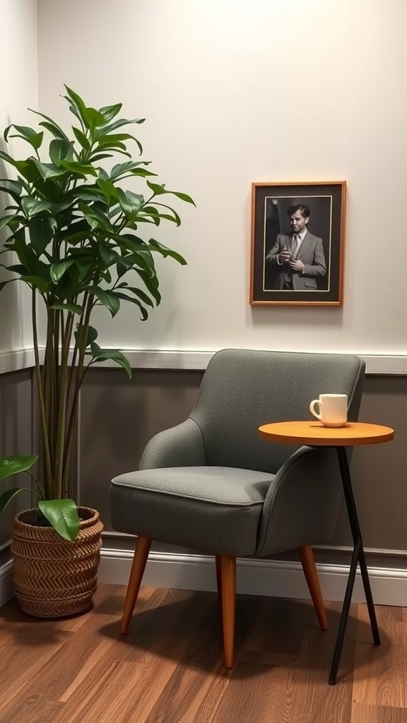 A cozy nook featuring a gray chair, small orange side table, and a plant.