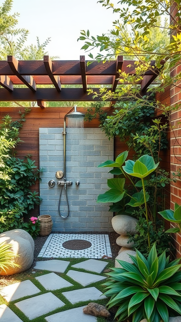 An outdoor shower surrounded by greenery and decorative stones.