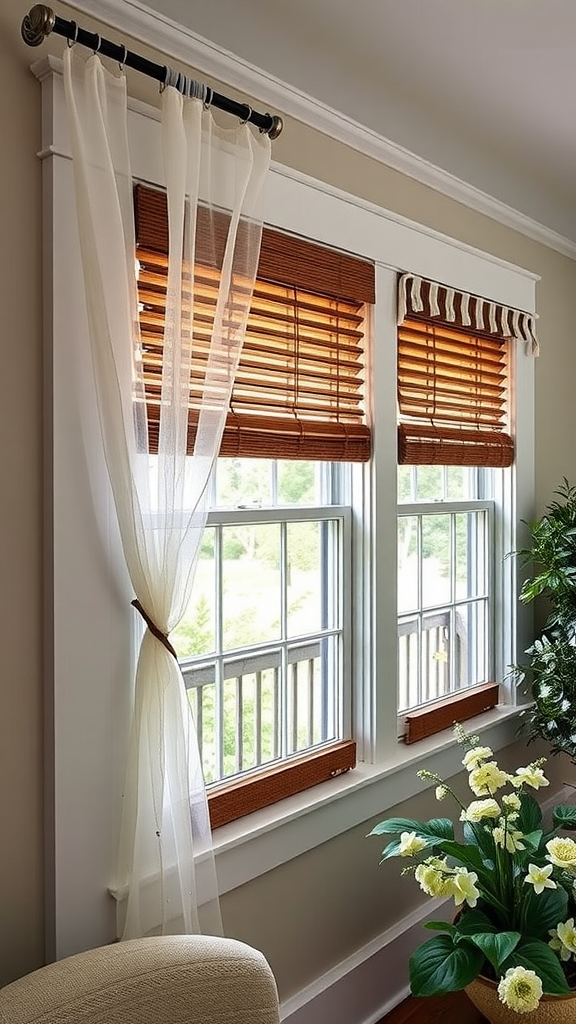 Bright and airy window with sheer curtains and wooden blinds in a Cape Cod interior