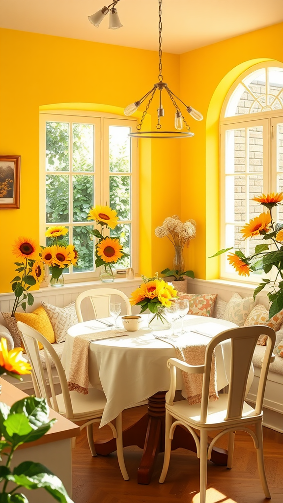 Bright yellow walls in a cozy dining area adorned with sunflowers.