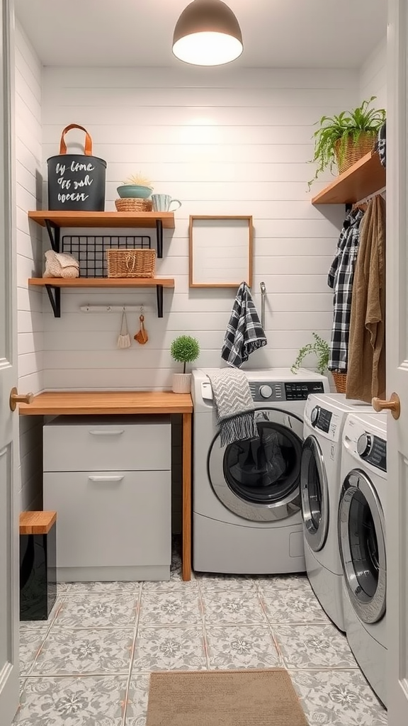 A stylish mudroom laundry room with shelves, plants, and organized laundry appliances.