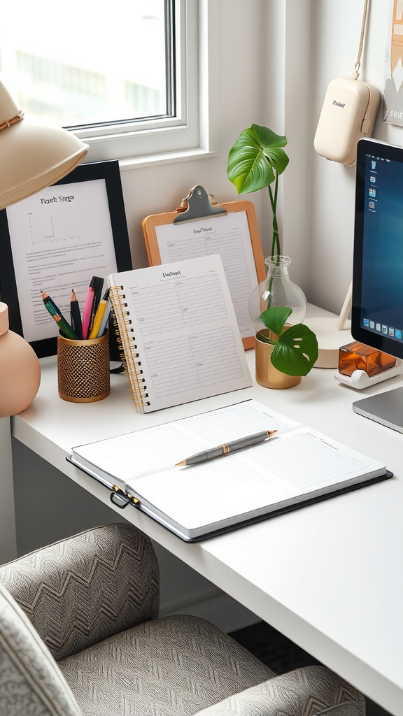 A stylish small home office desk setup with chic accessories including a planner, pens, and a plant.