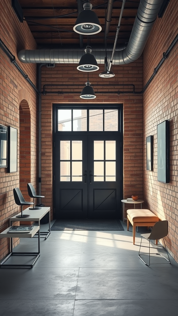 Chic industrial style entryway with brick walls and modern furniture.