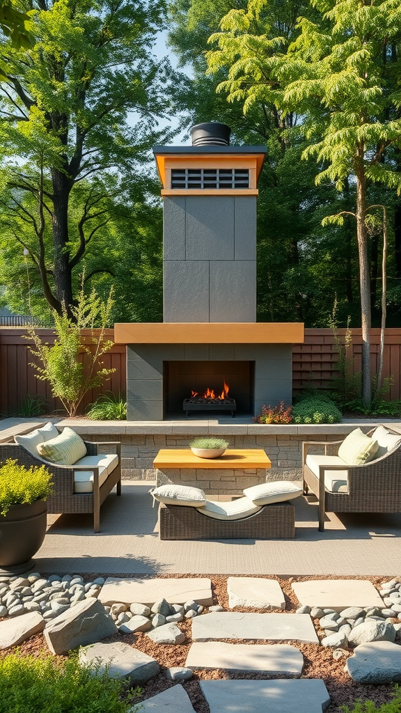 Stylish outdoor fireplace with seating area and greenery