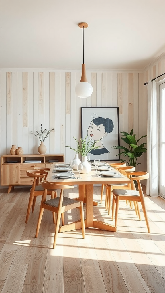 Modern farmhouse dining room with wooden table and neutral decor