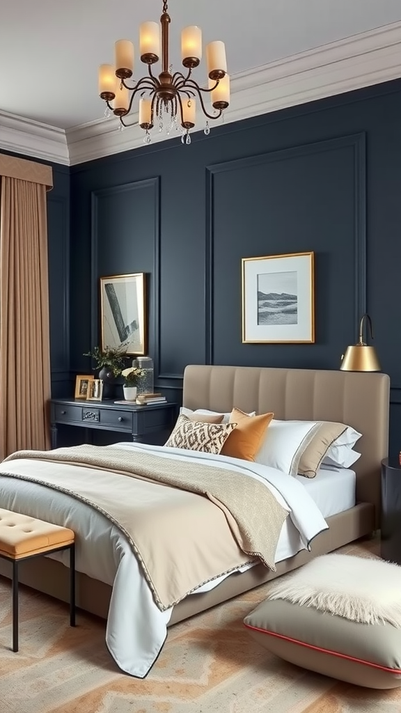 Cozy bedroom with slate blue walls, light beige bedding, and stylish decor.