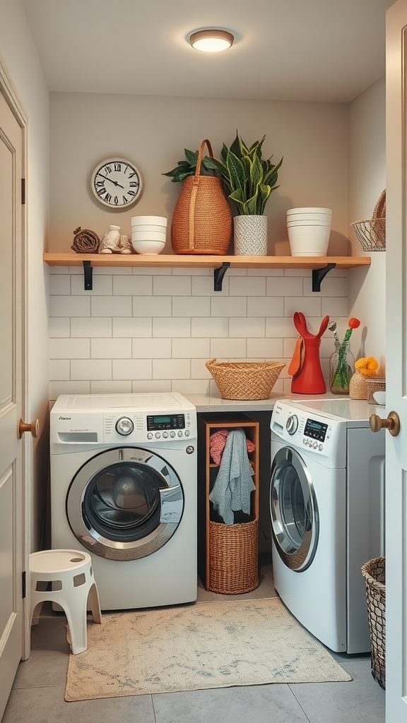 A compact laundry room with a stool, colorful baskets, and plants, ideal for families.