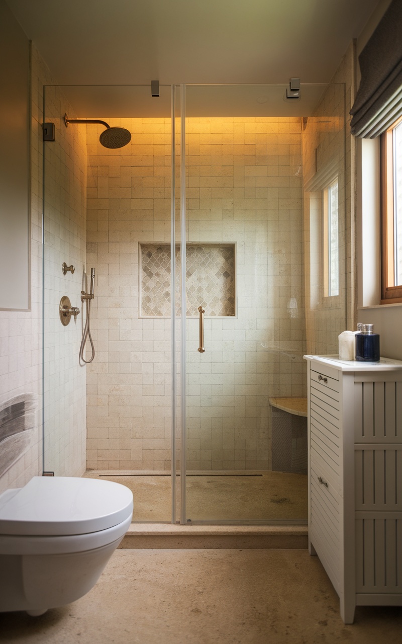 Stylish modern walk-in shower in a small bathroom with natural light.