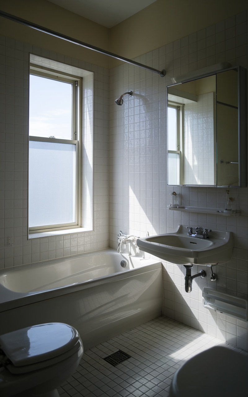 Compact bathtub in a small bathroom with natural light.