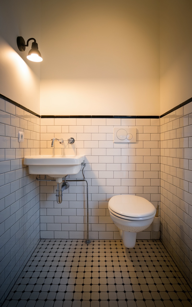 Compact bathroom featuring a wall-mounted sink and toilet with modern tiles.