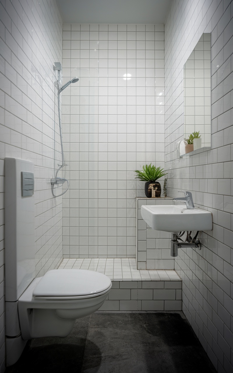 A modern minimalist small bathroom with white tiles and a glass shower.