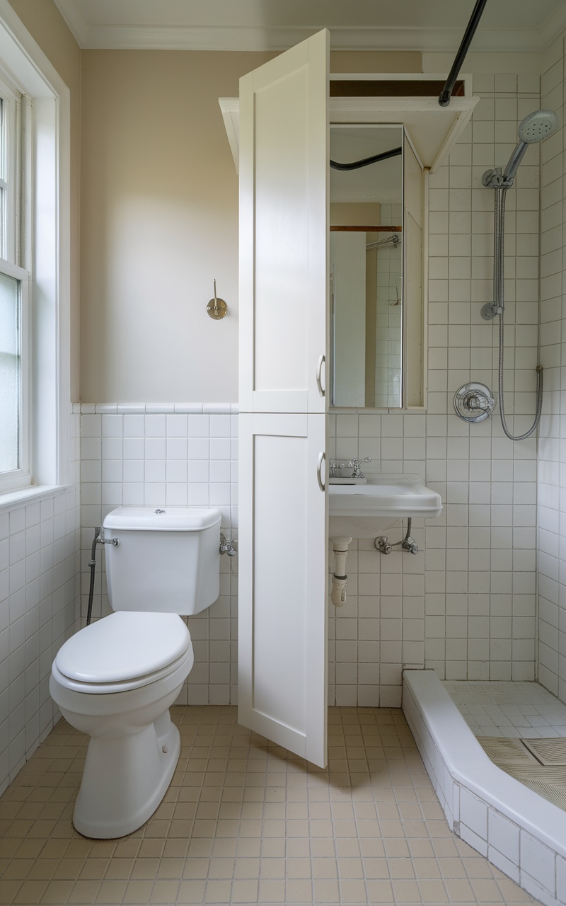 A small bathroom featuring sliding cabinets for compact storage.