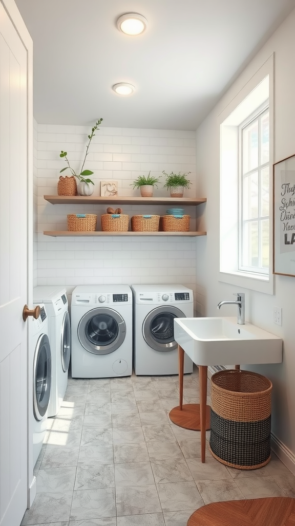 Stylish laundry room with white cabinets, washing machines, and natural decor.