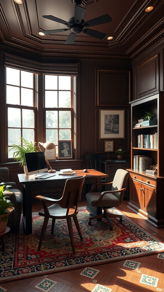 Cozy living room with chocolate brown walls and a taupe accent wall, featuring a desk and comfortable seating.