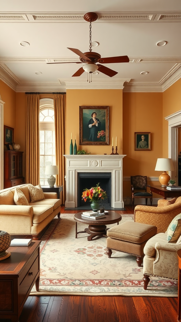 Living room with warm colonial color palette, featuring furniture and decor typical of classic colonial style.