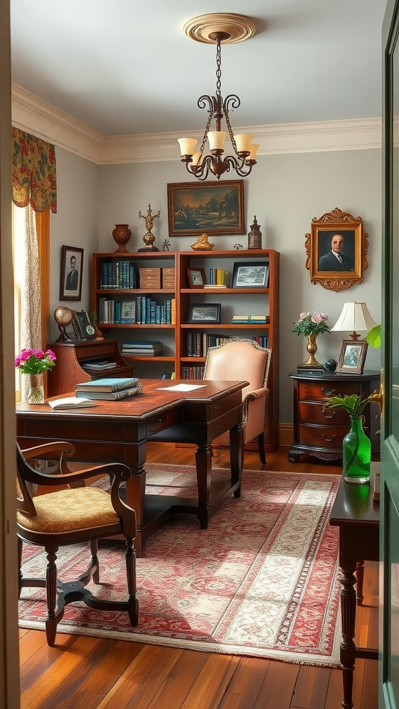 A beautifully arranged classic colonial home office featuring wooden furniture, shelves filled with books, and elegant decor.