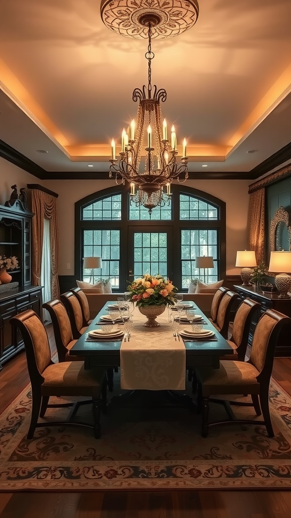 A beautifully set classic traditional dining room with grey upholstered dining chairs and a dark wood dining table.