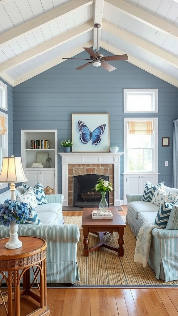 Cozy Cape Cod living room with blue walls, white furniture, and a butterfly painting.