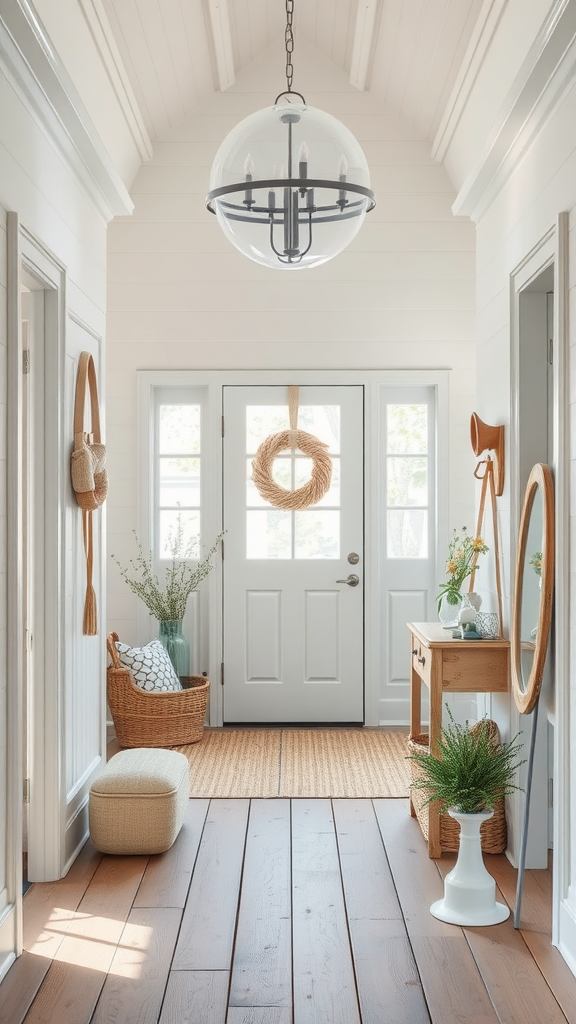 A bright coastal-inspired entryway featuring soft textures, with a light wood floor, woven baskets, plants, and a modern light fixture.