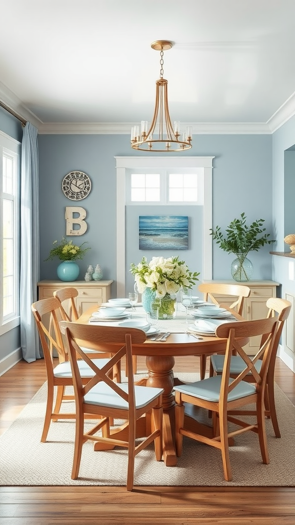 Coastal themed dining room with blue walls and natural wood dining table and chairs.