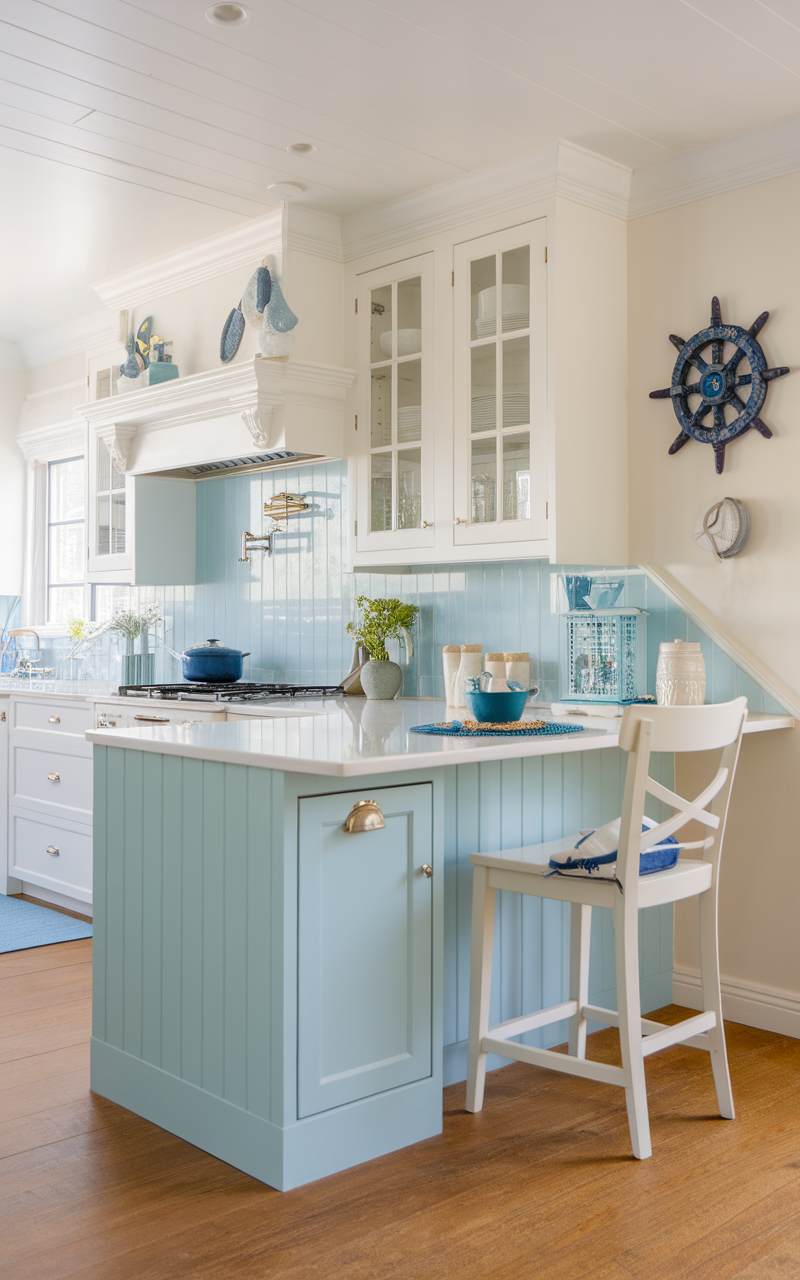 A light and airy kitchen featuring soft blue tones with white cabinetry.