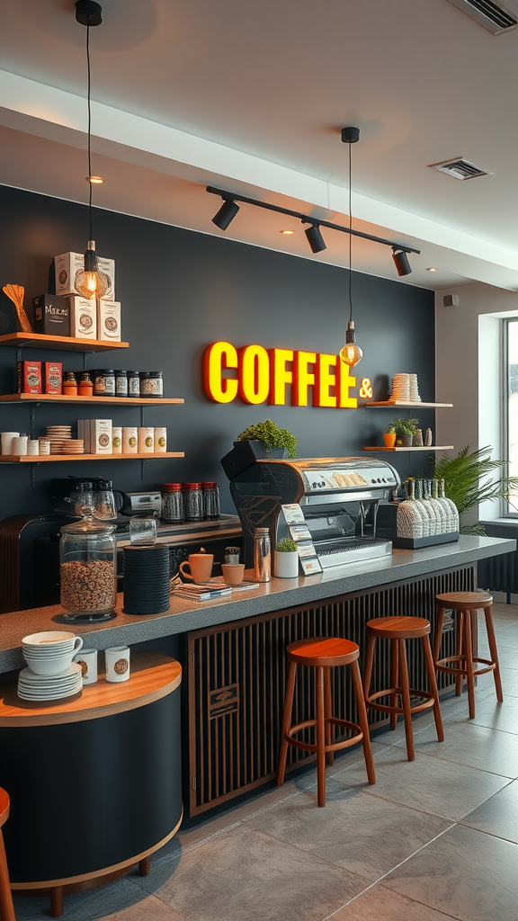 A stylish coffee shop counter with modern decor and a welcoming atmosphere.