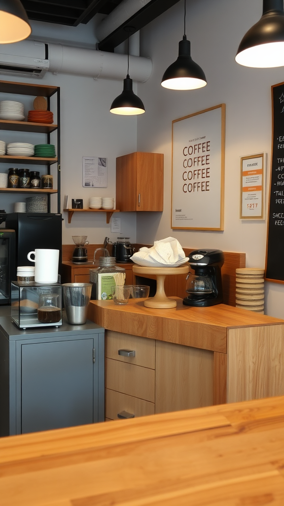 Coffee tasting station in a small coffee shop with wooden counters and coffee equipment.